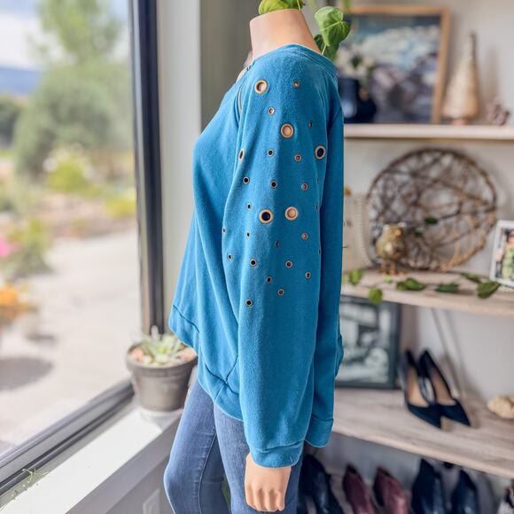 Venus Lightweight Teal Sweatshirt w/ Brass Grommet Holes & Zippers-Women's 3XL - Picture 6 of 11